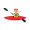 Vector illustration of a woman with gray hair floats on a red kayak in cartoon style. Young or old woman canoeing and paddle.Â 